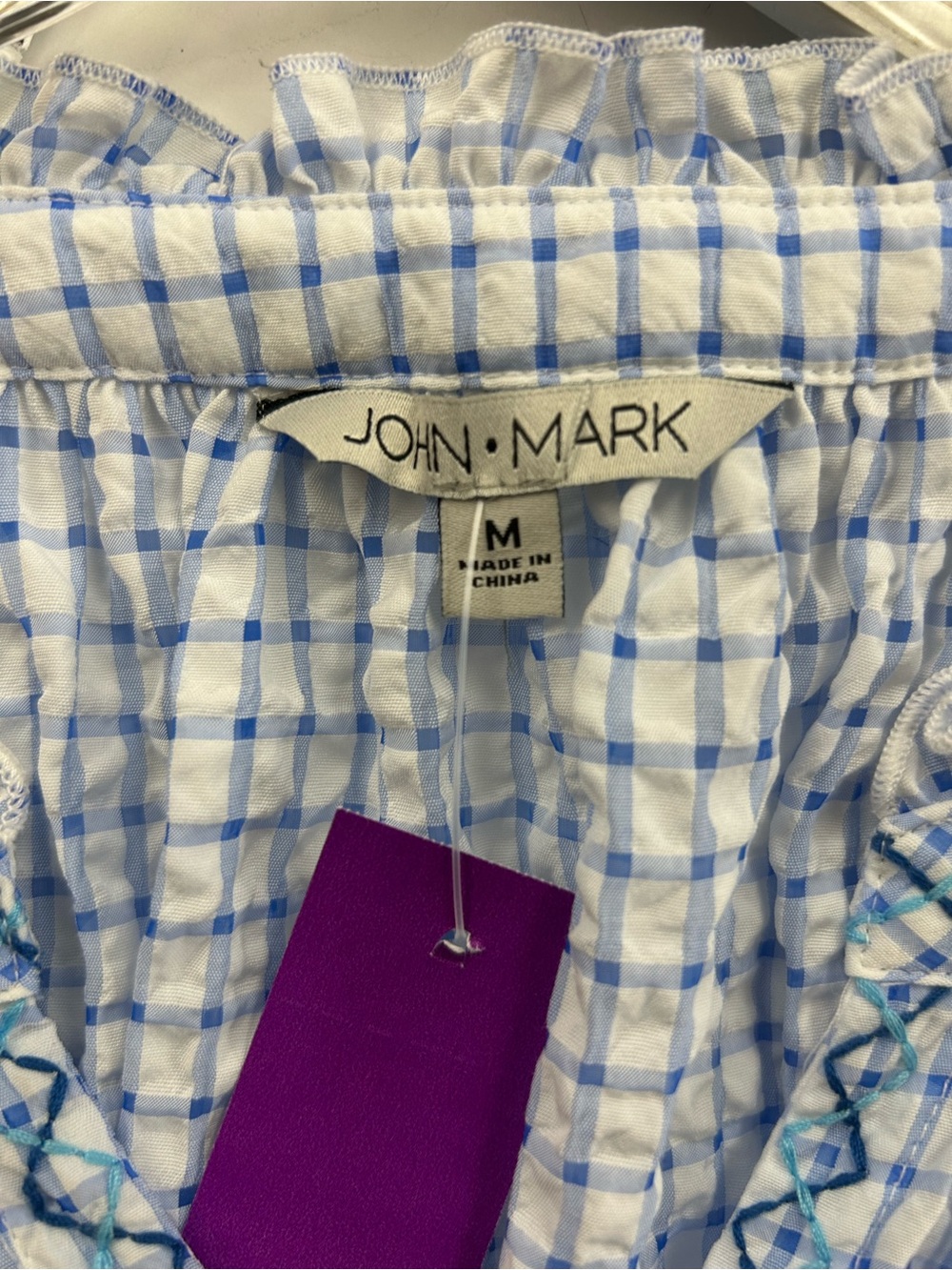 John Mark Blue Checked Peasant Blouse with Multicolor Embroidered Sleeves - Picture 2 of 7